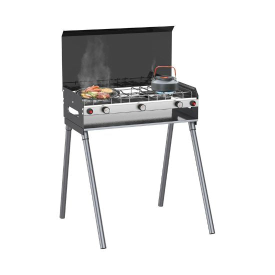 Camplux Propane Camping Stove 2 Burners & 1 Grill, 15,000 BTU Auto-Ignition, Black