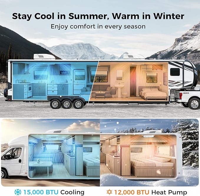 CAMPLUX 15,000 BTU RV Air Conditioner with Heat Pump – Quiet Rooftop AC & Heater, Remote Control, R32 Refrigerant, Perfect for Camper, Fifth Wheel & Food Trucks