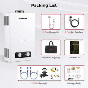 Tankless Water Heater, Camplux 2.64 GPM Outdoor Propane Water Heater, Gas Water Heater with 3.3 GPM Water Pump & Pipe Strainer for Camping, Cabins
