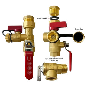CAMPLUX 3/4 Inch IPS Isolator Tankless Water Heater Service Valve Kit, with Pressure Relief Valve, Clean Brass Construction