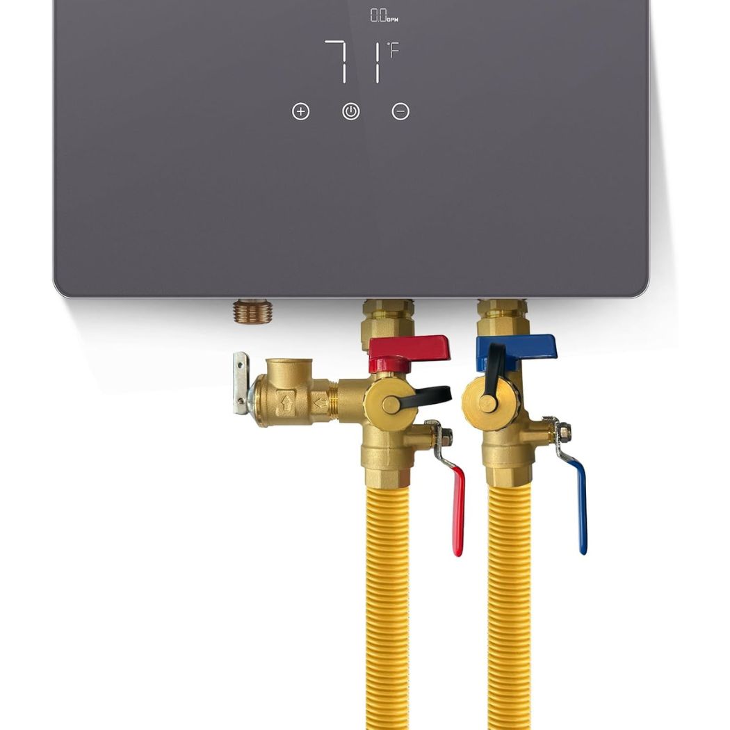 CAMPLUX 3/4 Inch IPS Isolator Tankless Water Heater Service Valve Kit, with Pressure Relief Valve, Clean Brass Construction