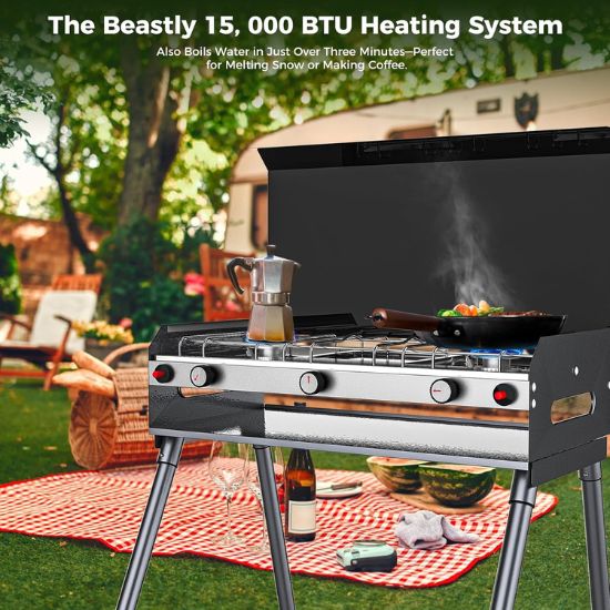 Camplux Propane Camping Stove 2 Burners & 1 Grill, 15,000 BTU Auto-Ignition, Black