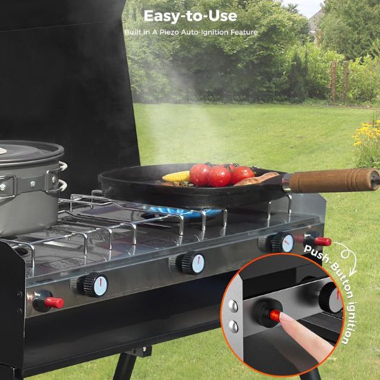 Camplux Propane Camping Stove 2 Burners & 1 Grill, 15,000 BTU Auto-Ignition, Black
