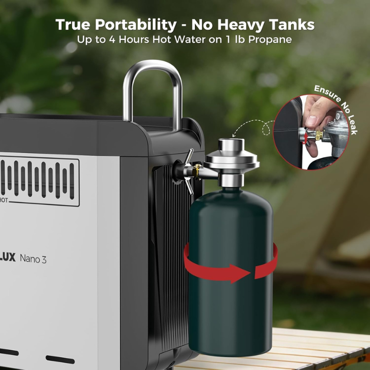 CAMPLUX Nano 3 Portable Propane Water Heater with Pump Kit, Compact & Lightweight Design, Quick Connect Pump Cables & Extension Hoses, Outdoor Camping Shower for Off-Grid Cabin, Hiking, RV