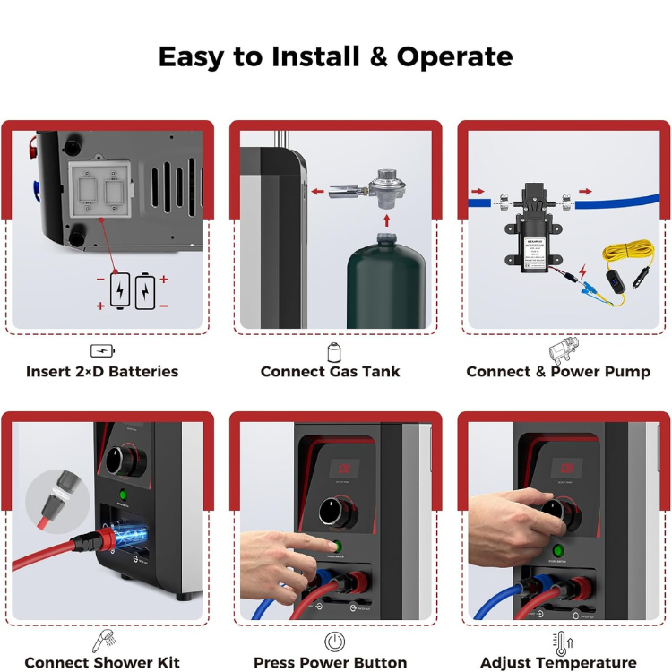 CAMPLUX Nano 3 Portable Propane Water Heater with Pump Kit, Compact & Lightweight Design, Quick Connect Pump Cables & Extension Hoses, Outdoor Camping Shower for Off-Grid Cabin, Hiking, RV