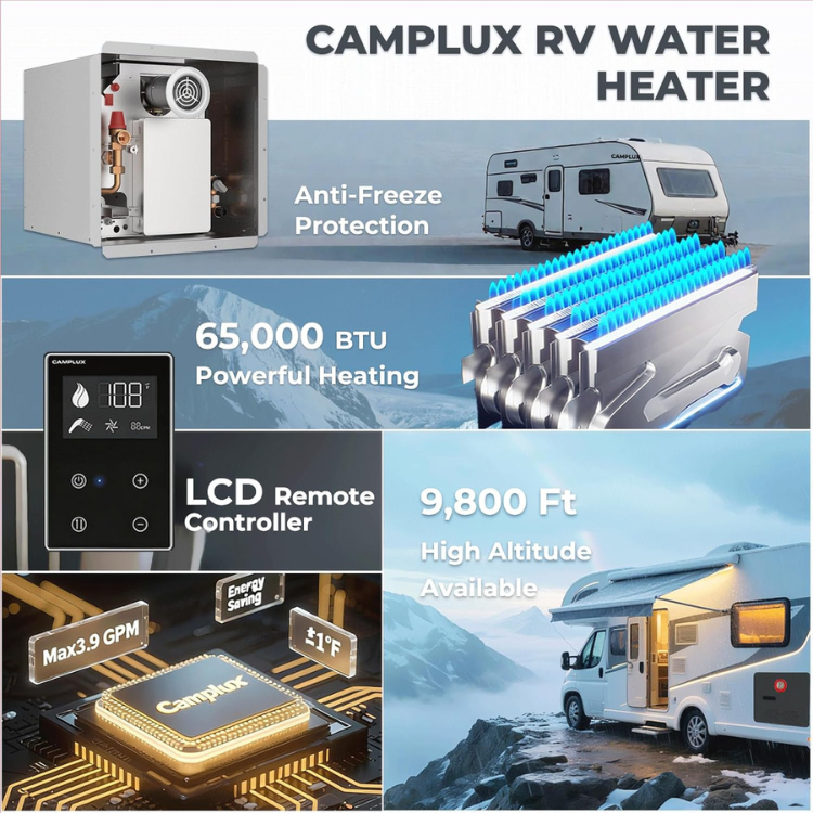 Camplux Classic 65,000 BTU RV Tankless Water Heater 2.64 GPM-Black