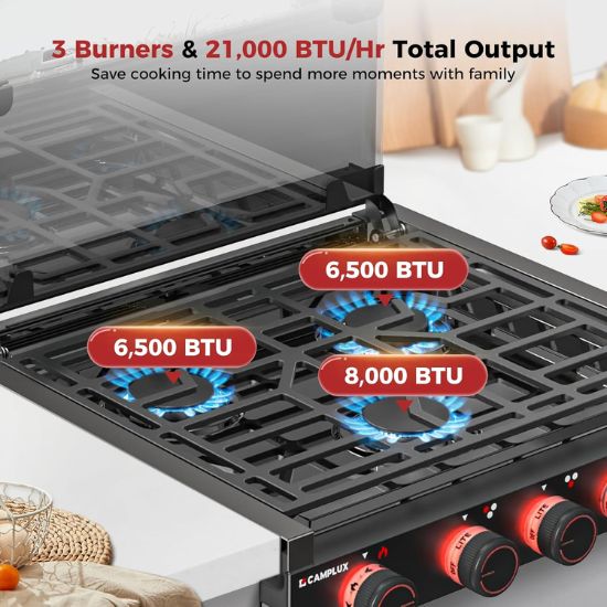 CAMPLUX RV Stove 3 Burners 21,000 BTU, 21 Inches Propane RV Cooktop Elite