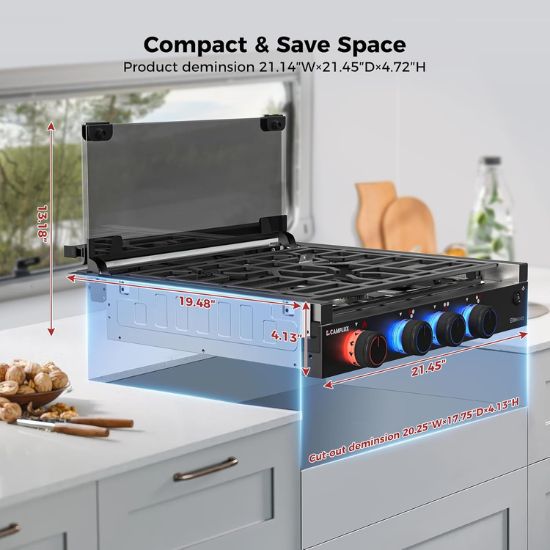 CAMPLUX RV Stove 3 Burners 21,000 BTU, 21 Inches Propane RV Cooktop Elite