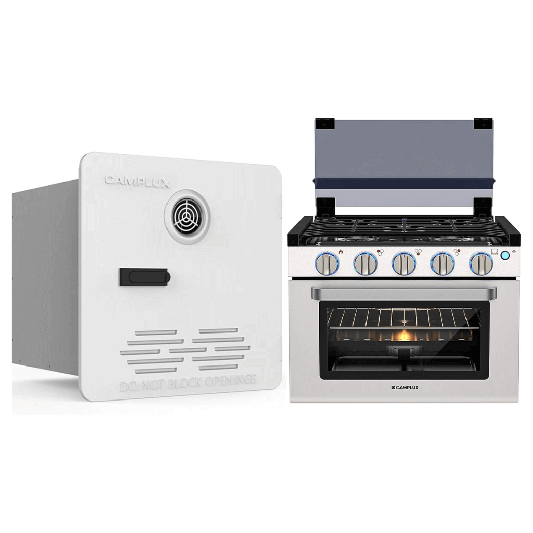 CAMPLUX 65,000BTU RV Tankless Water Heater with 17 inches Tall RV Gas Stove Oven