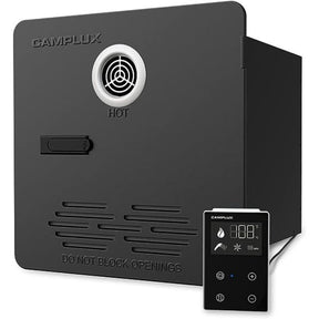 Camplux RV water heater in black with remote.