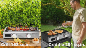 CAMPLUX portable propane griddle with upgraded non-stick surface for outdoor cooking.